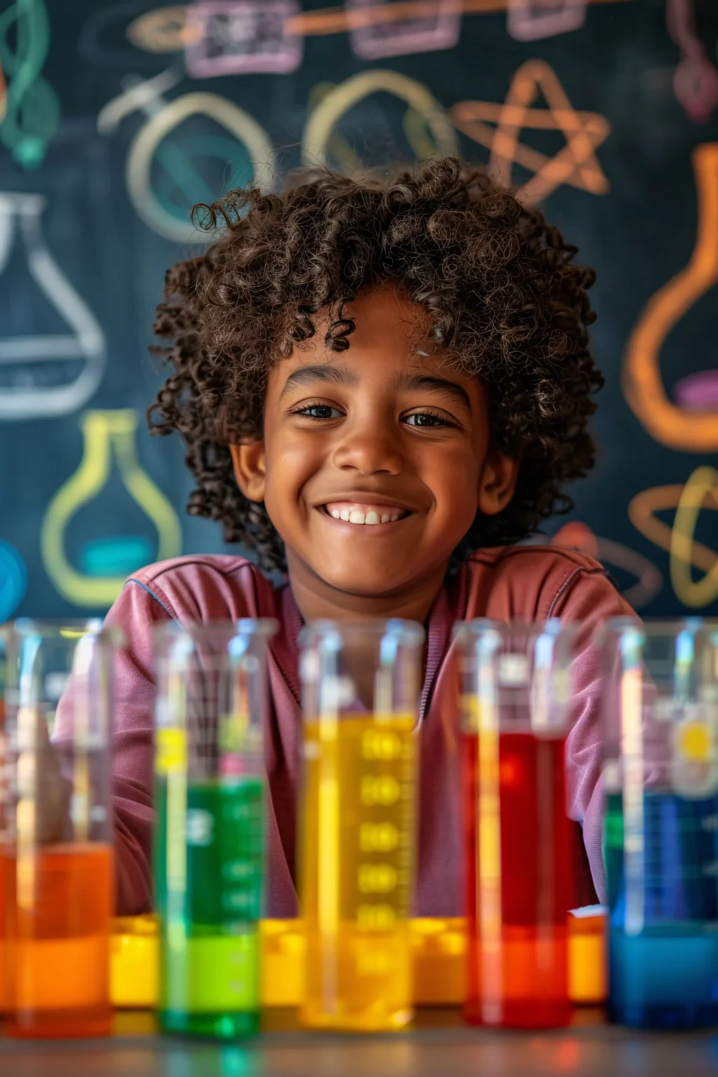 Smiling boy science class with colorful test tubes (1)